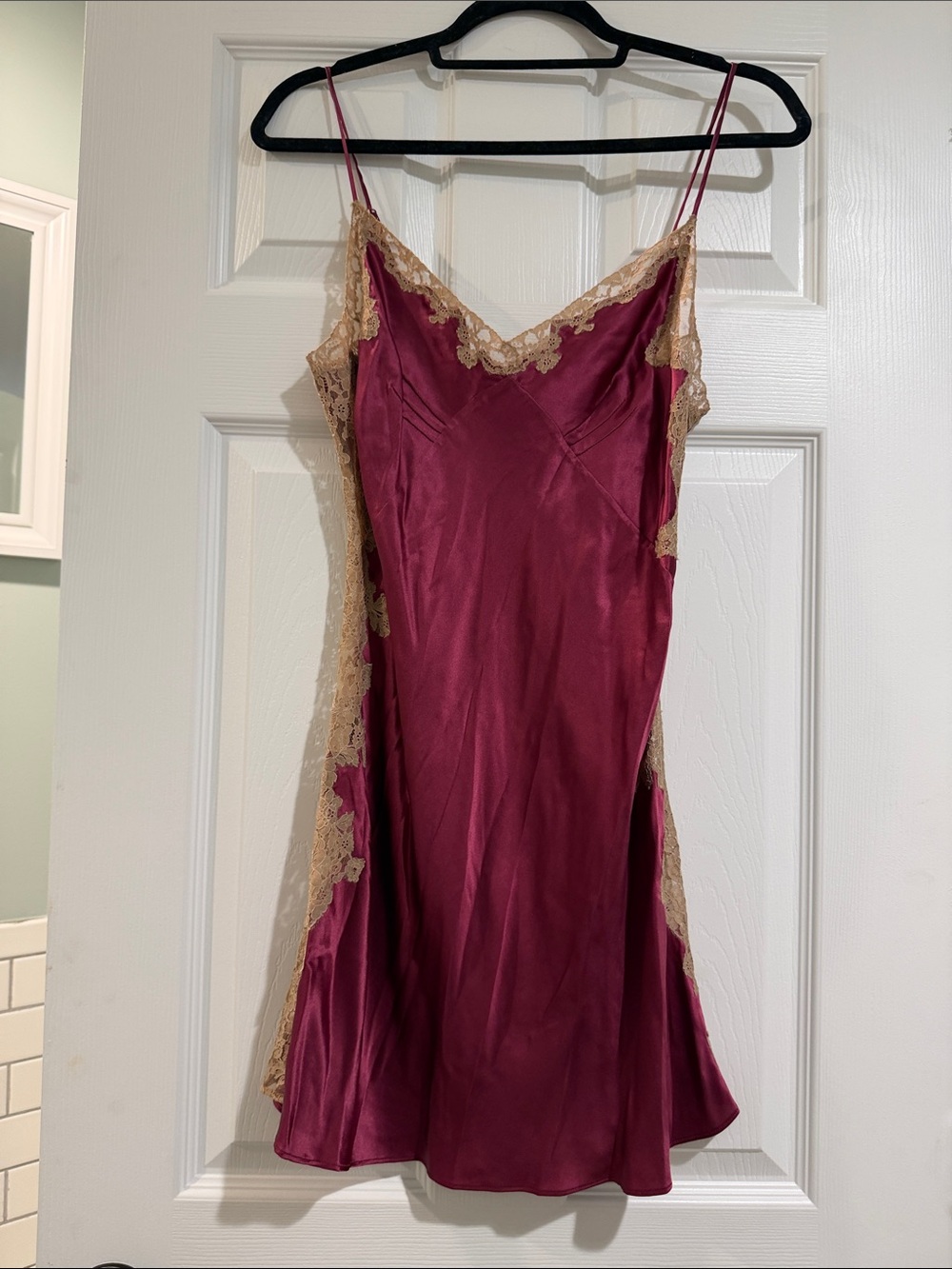 Silky  Cranberry Silk Chemise with Champagne Lace Trim